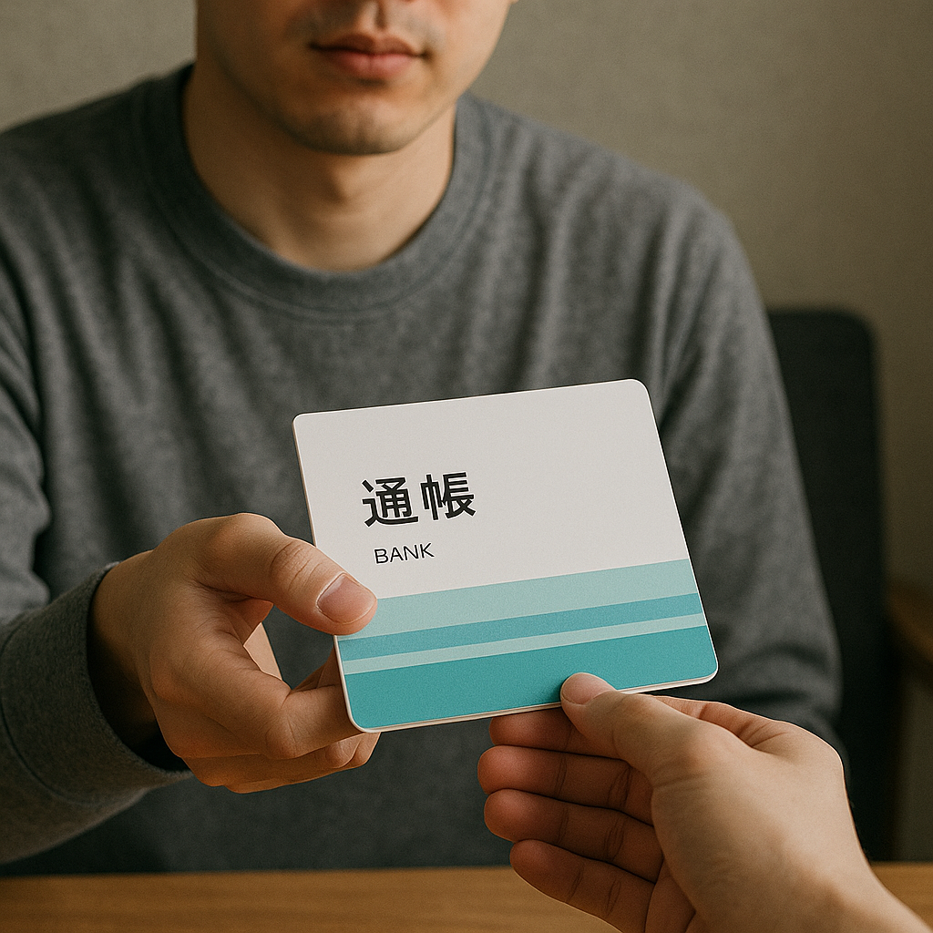 他人に通帳を渡している人の様子