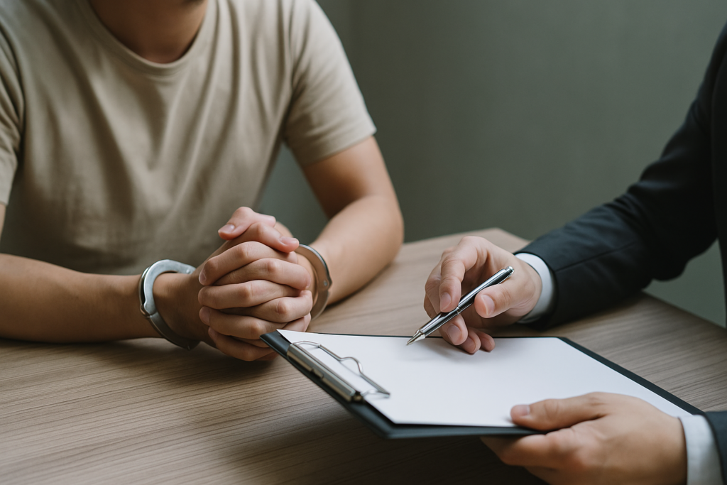 勾留中の男性が弁護士に相談をしている様子