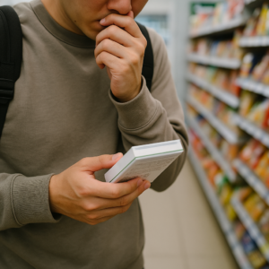 商品を手に取って悩んでる人