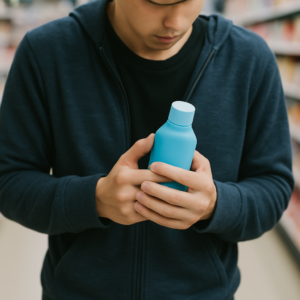 商品を持って不安そうにしている人