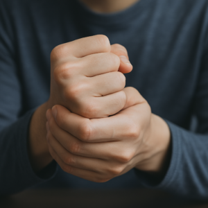 拳を押さえている様子