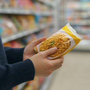 商品を持って不安そうにしている人