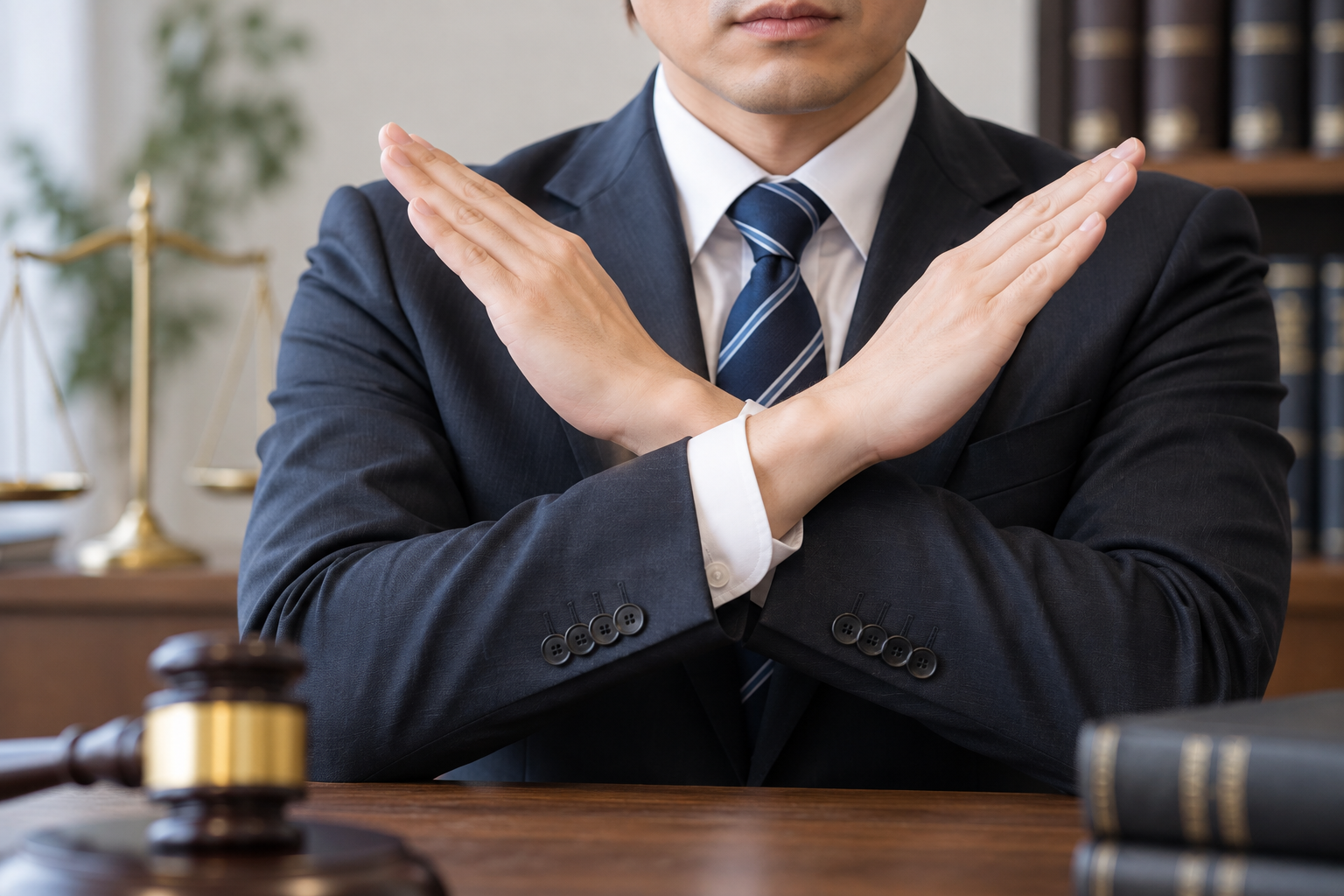 弁護士が胸元で腕をバツにしている様子