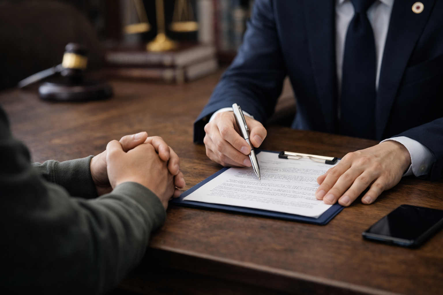 弁護士に相談している男性の手元