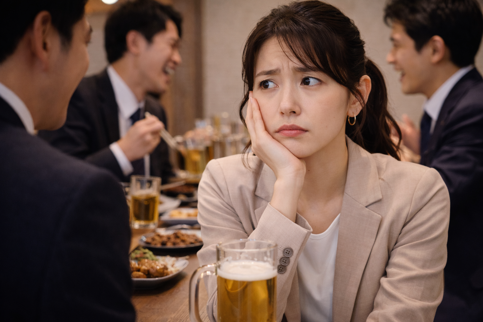 会社の飲み会の席で困っている女性