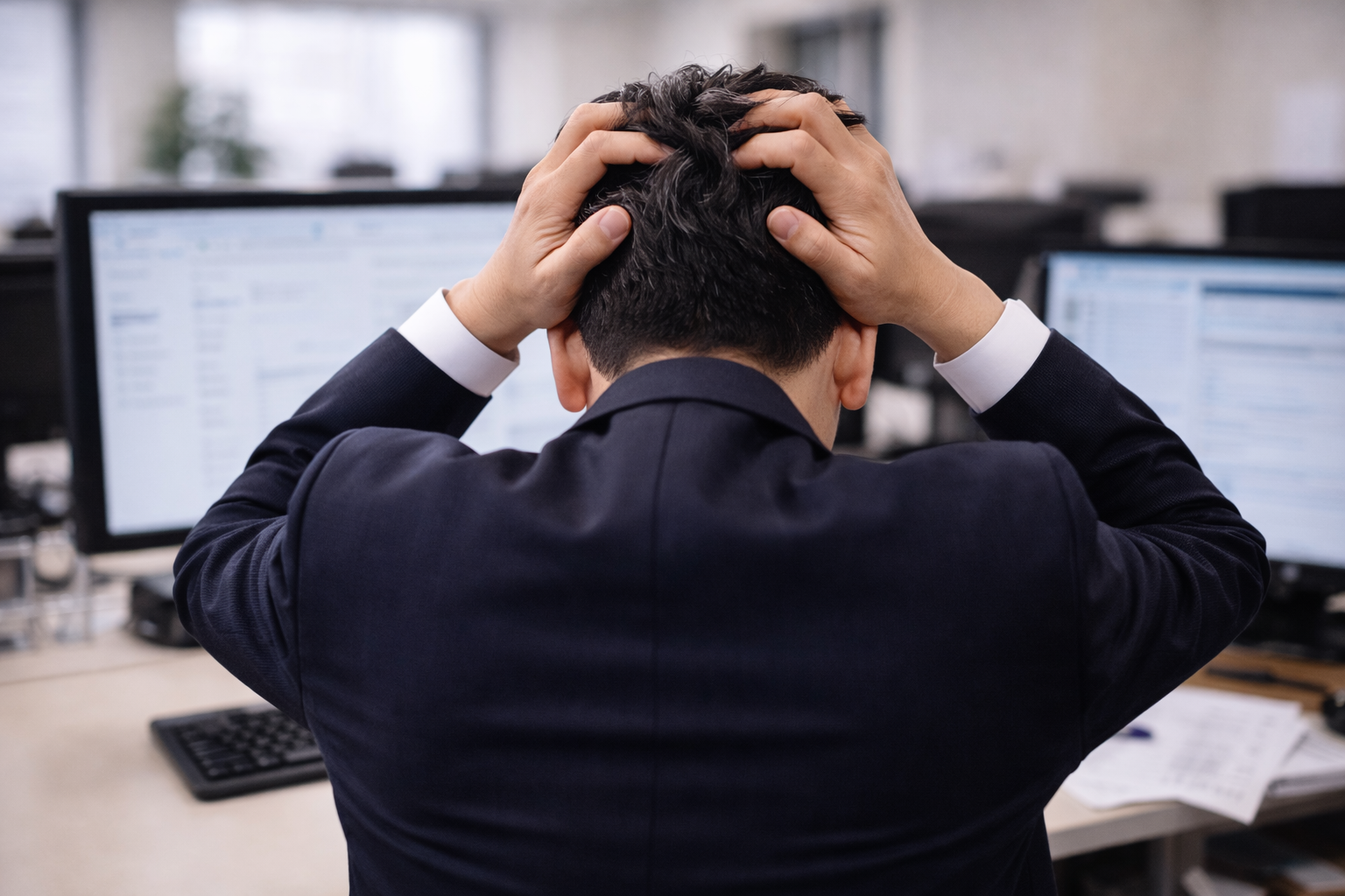 頭を抱えて困ってる男性