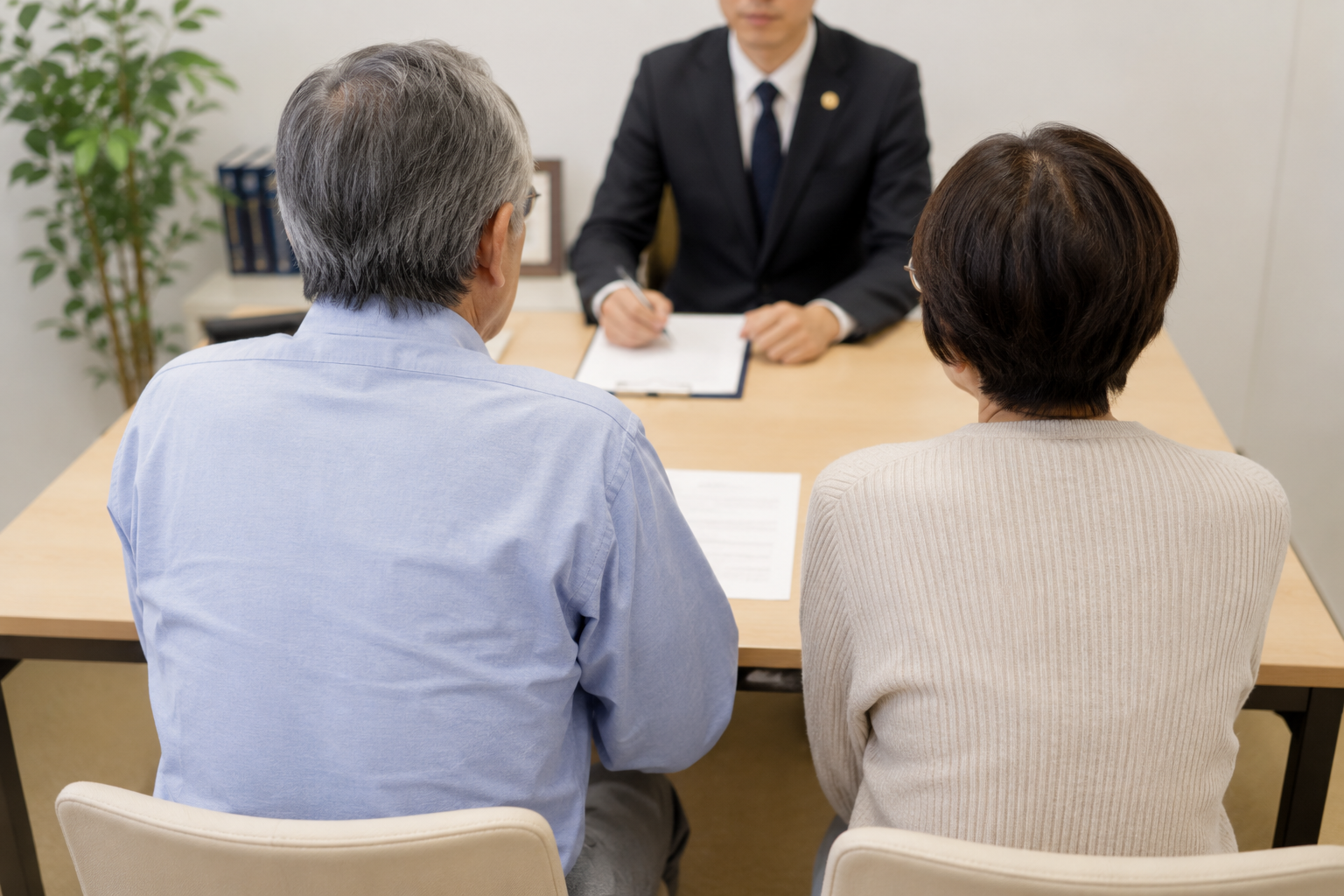 60代の夫婦が弁護士に相談している様子